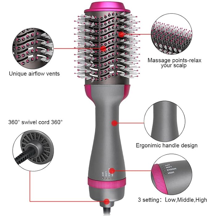 2400W,Hair Dryer Brush with Black Ion Technolog,Wide Oval Design 19cm, 3 Heat Settings,360° Airflow Hot Air Brush for Fast Drying & Styling,Ionic Anti-Frizz Technology (  ) - Image 3